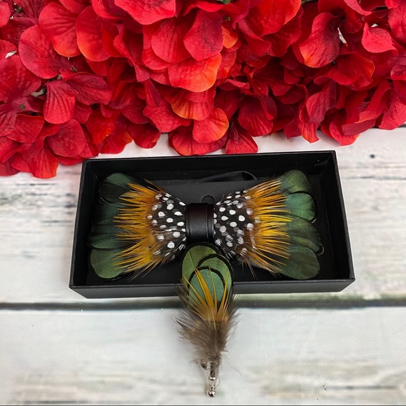 Handmade Green, Gold, and Black Dotted Feather Bow Tie Boutonnière Lapel Pin Set - Picture 2 of 12